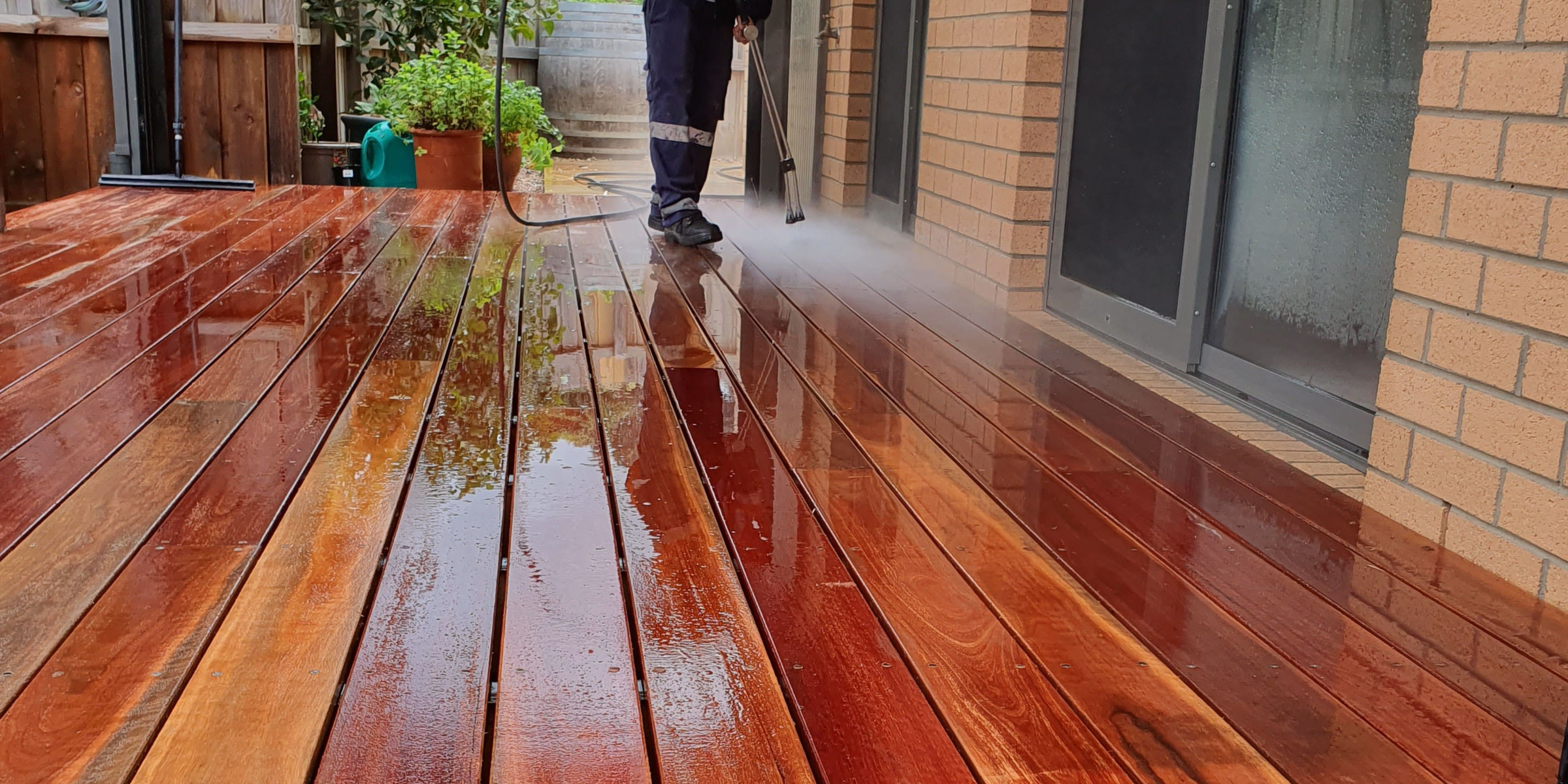 Timber Deck Getting Pressure Cleaned 