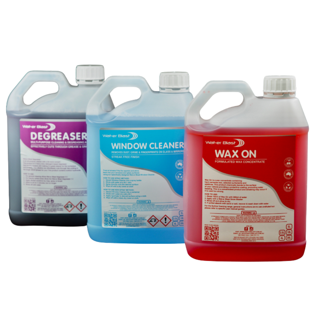 3 bottles of 4L cleaning products, purple degreaser, blue window cleaner, red wax on.