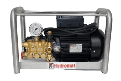 Hydromat's Hydromate 100 with Silver Frame, Black Body, Brass Connections with a Pressure Gauge Sitting On Top.