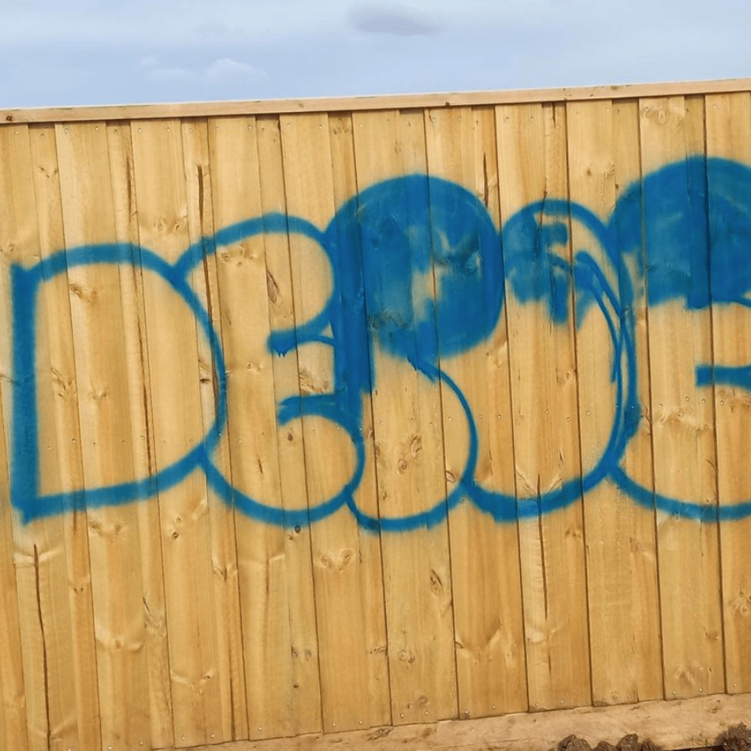 Blue Graffiti on Wooden Fence 