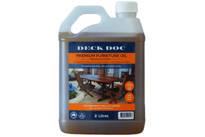 1 x 2L Clear Drum containing Deck Doc 'Premium Furniture Oil' with Dark Blue Label