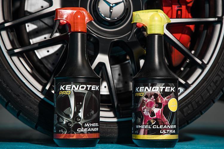 Kenotek Wheel Cleaner and Wheel Cleaner Ultra in front of Mercedes Wheel with Red Calipers