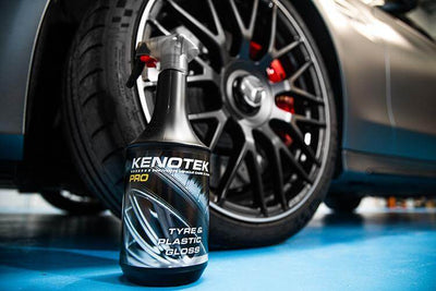 Kenotek Tyre & Plastic Gloss Cleaner in front of Mercedes Wheel