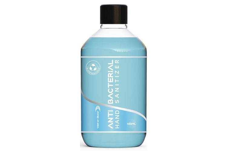 100mL Clear Bottle with Black Lid containing Blue "Anti Bacterial Hand Sanitiser"