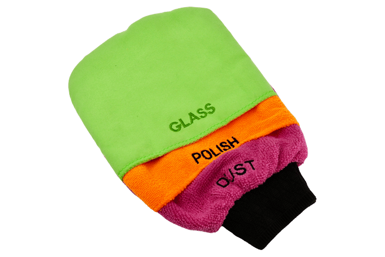 3-in-1 Layered Interior Car Care Mitt With Pink, Orange and Green Layers. Green Layer on Top