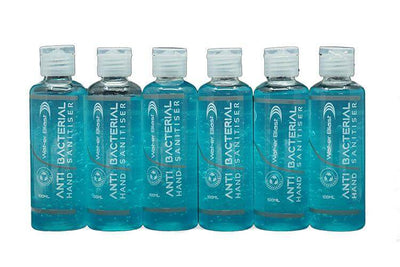 6 100mL Clear Bottles containing Blue "Anti Bacterial Hand Sanitiser"  