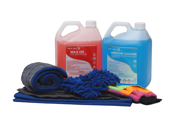 "Wax On", "Window Cleaner" and Selection of Microfibres. 
