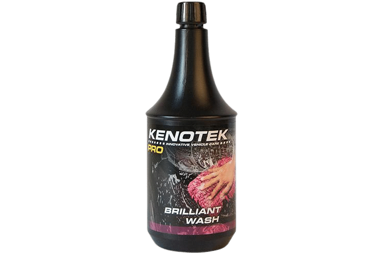 Black Bottle with Black Lid of Kenotek 'Brilliant Wash' with the Label Displaying a Hand Using a Pink Cloth to Scrub a Car