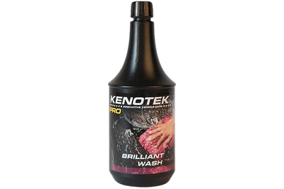 Black Bottle with Black Lid of Kenotek 'Brilliant Wash' with the Label Displaying a Hand Using a Pink Cloth to Scrub a Car