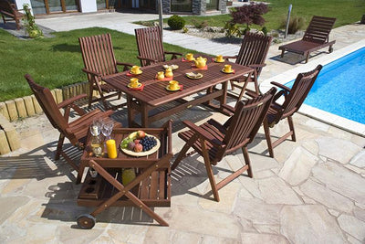 Immaculately Polished and Stained Hardwood Outdoor Setting beside a Pool with Setting of Tea Set and Fresh Fruit