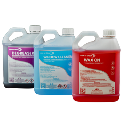 3 bottles of 4L cleaning products, purple degreaser, blue window cleaner, red wax on.