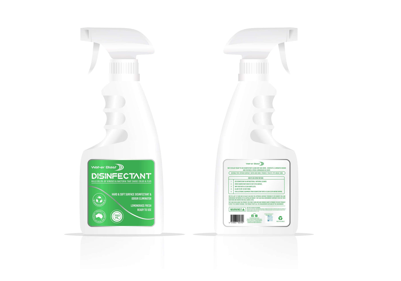 2x White Spray Bottles with Left Bottle Displaying a Green Front Label and the Right Bottle Displaying the Back White Label with Green Writing