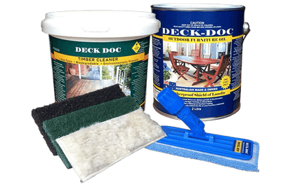 Deck Doc 'Indoor Outdoor Furniture Oil Kit' containing 1x 2L Blue Tin containing 'Outdoor Furniture Oil, 1x White Bucket with Green Label containing 'Timber Cleaner', 3 x Different Colour Cleaning Applicators and 1 x Blue Applicator Head