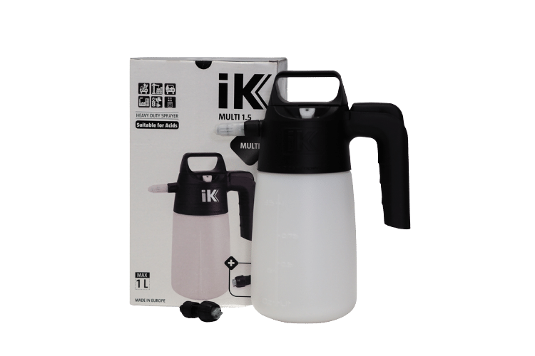 1L Heavy Duty Sprayer by iK with White Bottle and Black Spraying Nozzle, Suitable for Acids, with product box