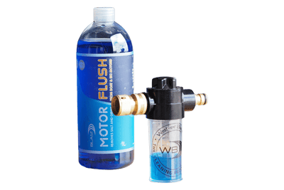 Blue Bottle of "Motor Flush" and Engine Flusher Applicator