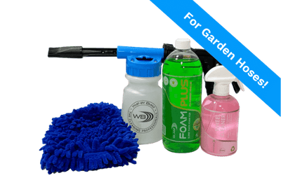 Snow Foaming Applicator, 1L of Green All Terrain Alkaline Snow Foaming Car Wash, 500ml Pink Wheel Cleaner with a Spray Nozzle and a Blue Wash Mitt
