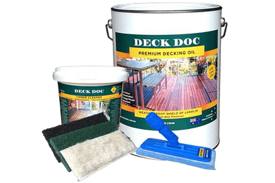 Deck Doc Premium Bundle containing 1x Large White 10L Tin of 'Premium Decking Oil', 1 x Bucket of Deck Doc 'Timber Cleaner', 3 x Different Coloured Sponges and 1x Blue Applicator Head