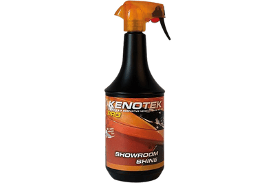 Black Spray Bottle of Kenotek 'Showroom Shine' With an oRANGE Lid and Orange Label