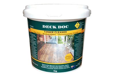 1x 1kg White Bucket of Deck Doc 'Timber Cleaner' with a Dark Green Label