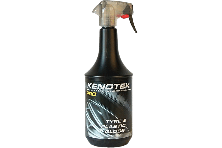 Black Spray Bottle with Clear Grey Lid containing Kenotek 'Tyre & Plastic Gloss' with a Picture of a Wheel on the Label