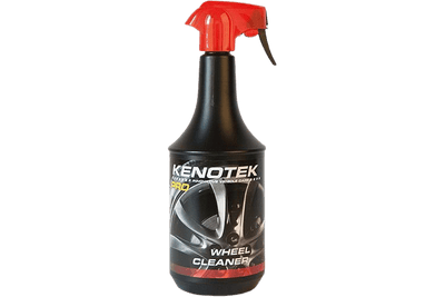 Black Spray Bottle With a Red Lid Containing Kenotek 'Wheel Cleaner' with a Photo of a Wheel on the Label