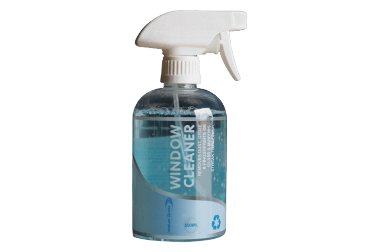 Blue Spray Bottle of "Window Cleaner"